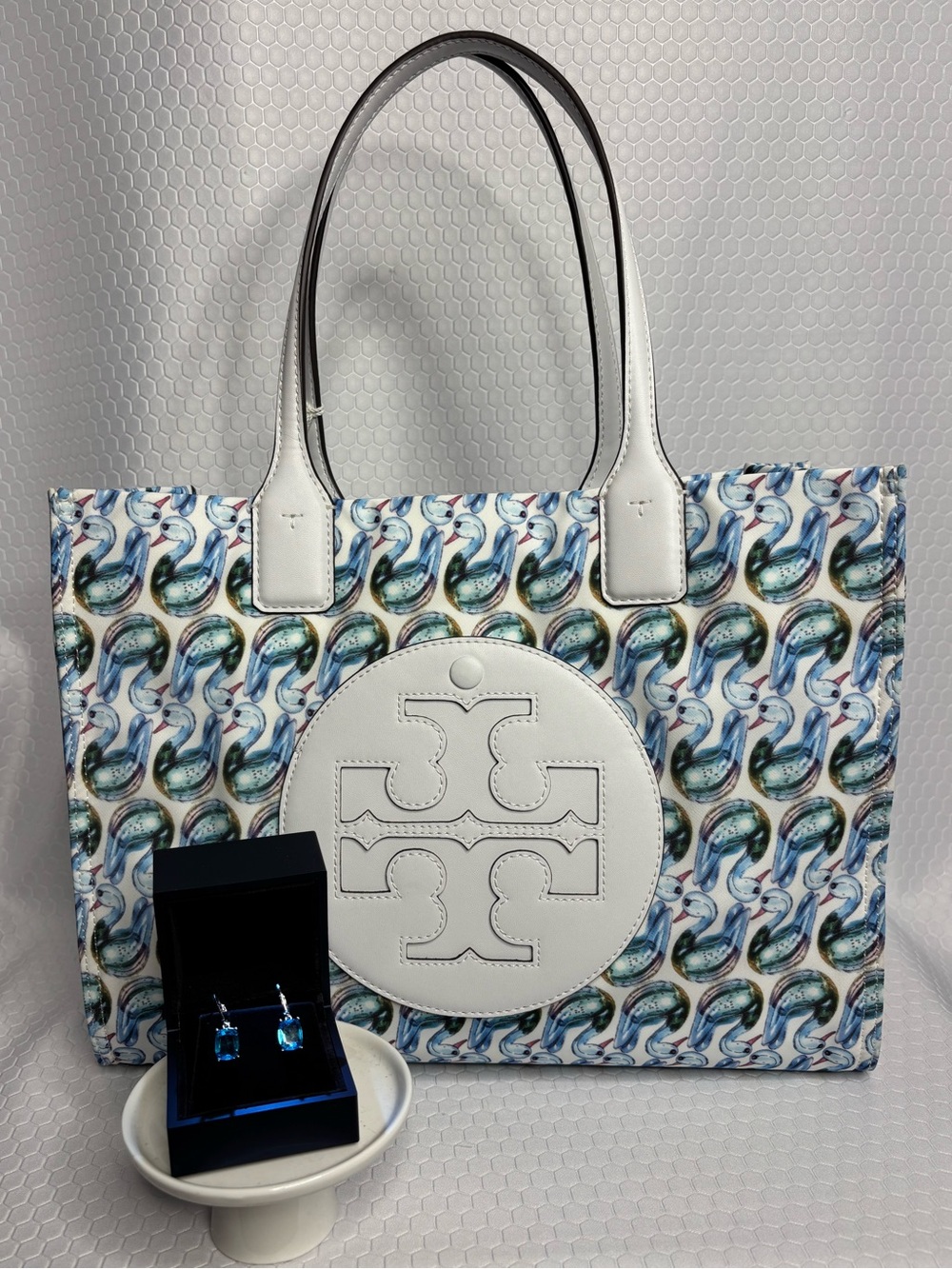 Tory Burch Ella White Leather Tote with Blue-Green Swan Pattern and Earrings NWT